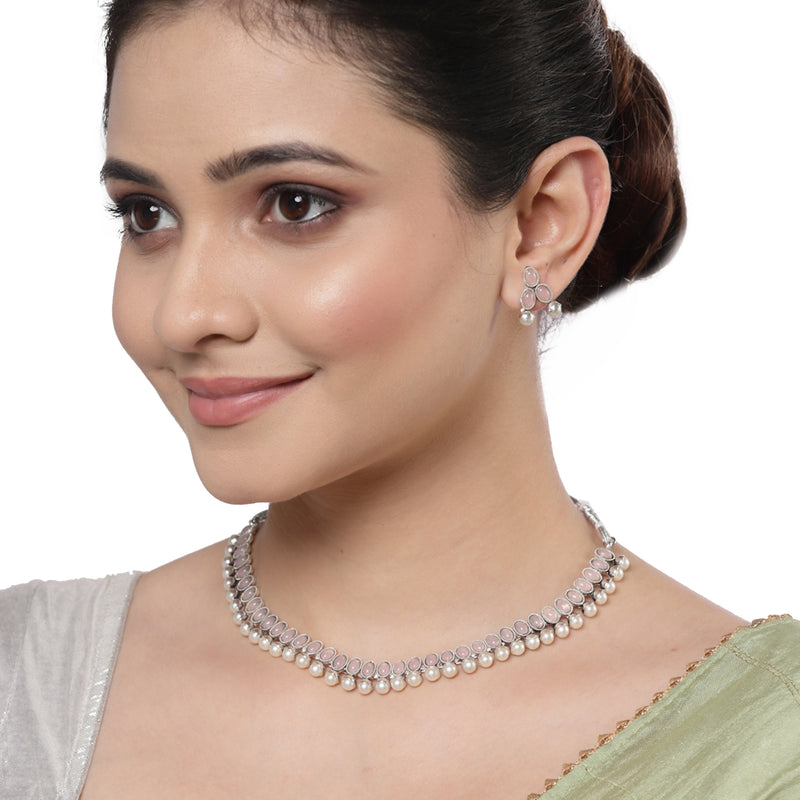 Rhodium-Plated with Oxidized Silver-Toned Pink Cubic Zirconia Stone Studded & White Pearl Beaded Necklace and Earrings Jewellery Set