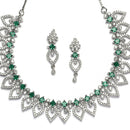 Rhodium-Plated Green American Diamond Studded Floral & Leaf Shaped Necklace with Earrings Jewellery Set
