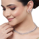Rhodium-Plated with Oxidized Silver-Toned Pink Cubic Zirconia Stone Studded & White Pearl Beaded Necklace and Earrings Jewellery Set