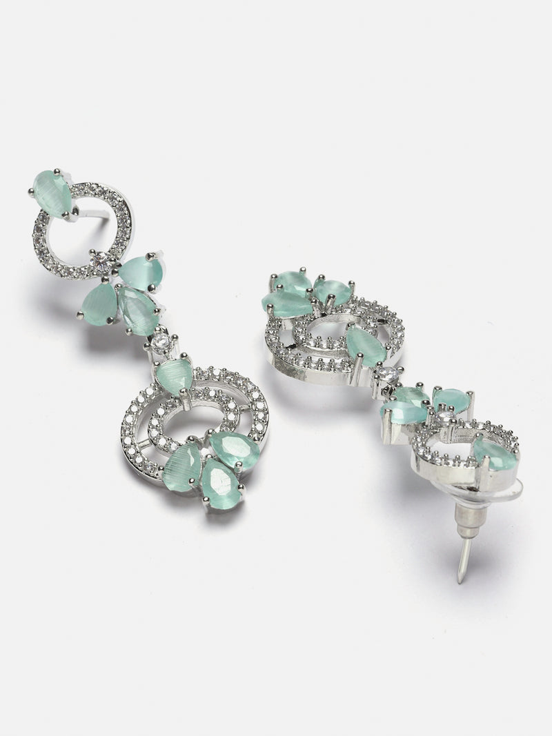 Rhodium-Plated Sea Green Oval American Diamond Studded Circular Shaped Necklace & Earrings Jewellery Set