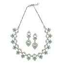 Rhodium-Plated Sea Green Oval American Diamond Studded Circular Shaped Necklace & Earrings Jewellery Set
