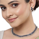 Rhodium-Plated with Oxidized Silver-Toned Navy Blue Cubic Zirconia Stone Studded & White Pearl Beaded Necklace and Earrings Jewellery Set