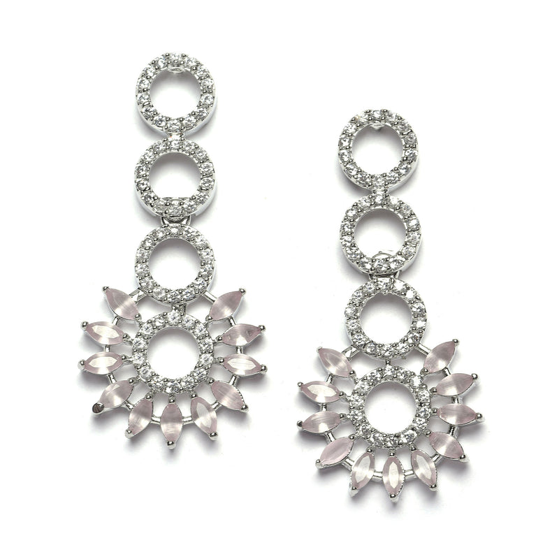 Rhodium-Plated Pink American Diamond Studded Classic Necklace with Earrings Jewellery Set