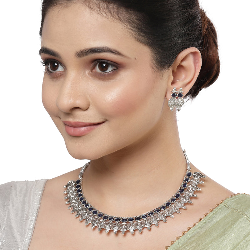 Rhodium-Plated with Oxidised Silver-Plated Navy Blue Artificial Beads Studded & Temple Coin Jewellery Set