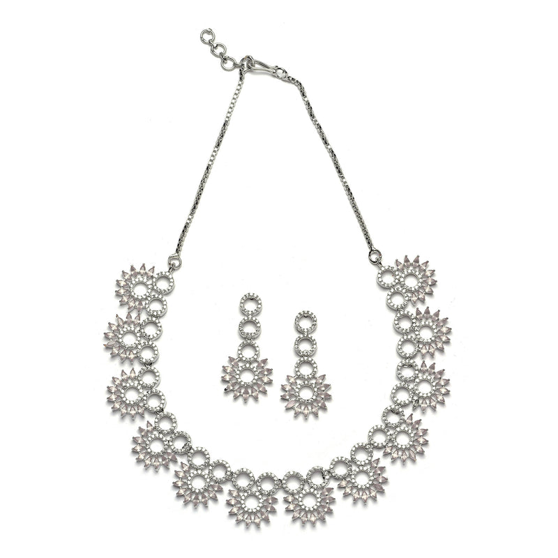 Rhodium-Plated Pink American Diamond Studded Classic Necklace with Earrings Jewellery Set