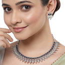 Rhodium-Plated with Oxidised Silver-Plated Navy Blue Artificial Beads Studded & Temple Coin Jewellery Set