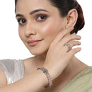 Rose Gold Plated American Diamond Studded Intricate Design Cuff Bracelet Combo With Adjustable  Ring