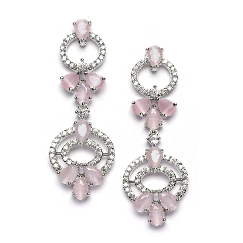 Rhodium-Plated Pink Oval American Diamond Studded Circular Shaped Necklace & Earrings Jewellery Set