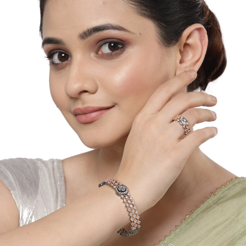 Rose Gold Plated American Diamond Studded Intricate Design Cuff Bracelet Combo With Adjustable  Ring