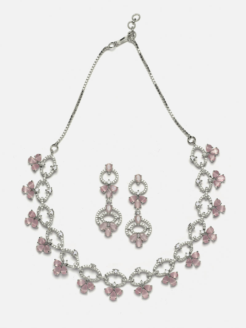 Rhodium-Plated Pink Oval American Diamond Studded Circular Shaped Necklace & Earrings Jewellery Set