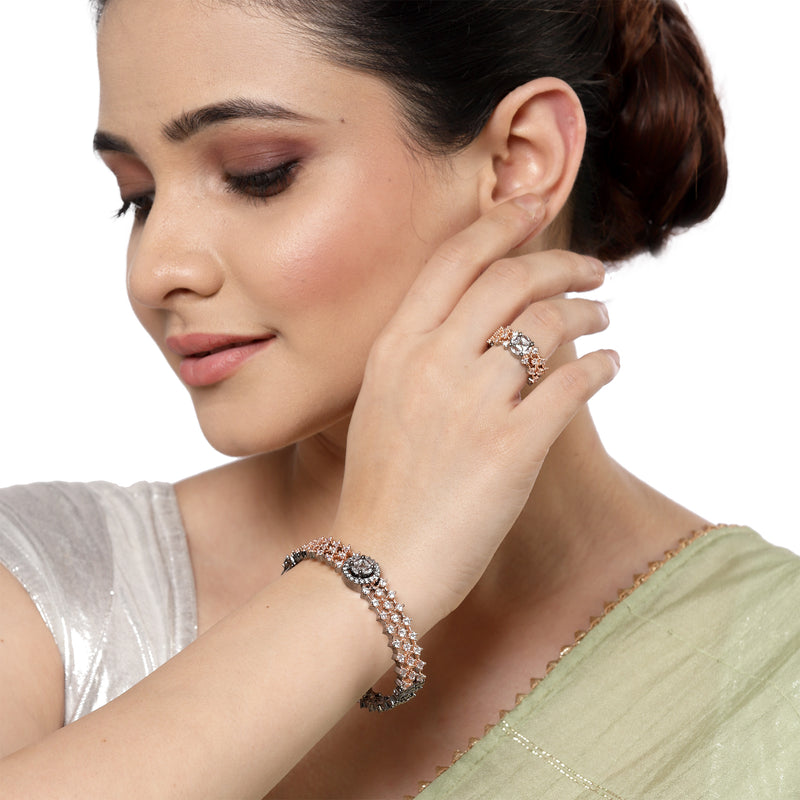 Rose Gold Plated American Diamond Studded Intricate Design Cuff Bracelet Combo With Adjustable  Ring