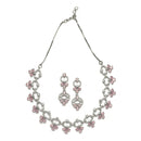 Rhodium-Plated Pink Oval American Diamond Studded Circular Shaped Necklace & Earrings Jewellery Set