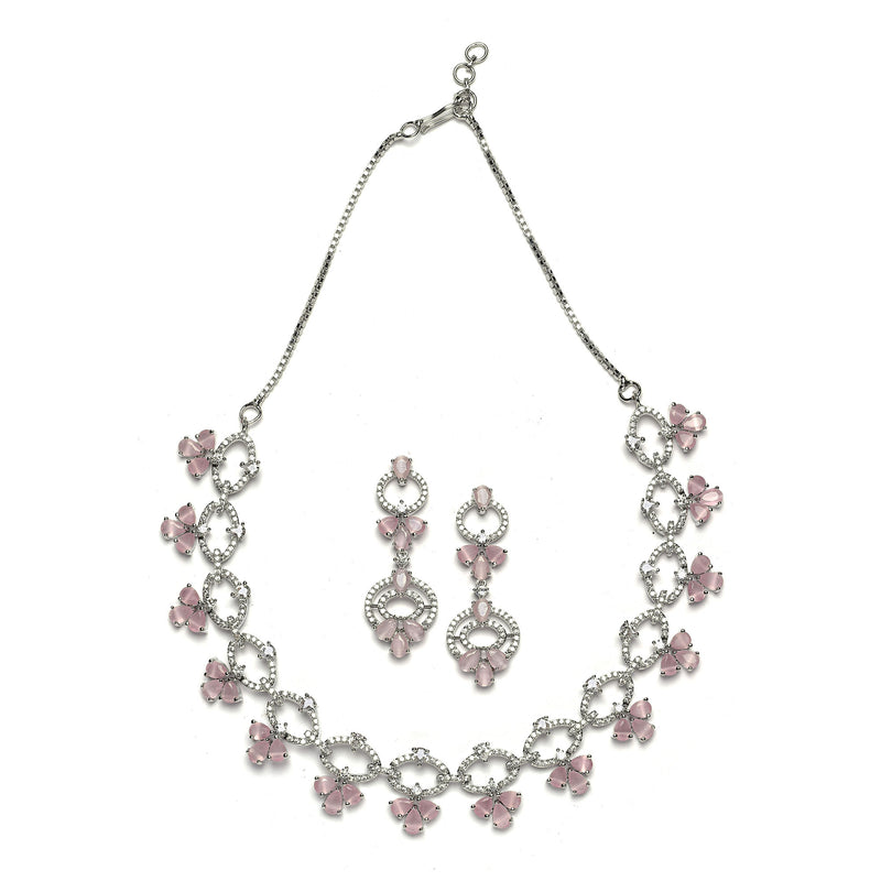 Rhodium-Plated Pink Oval American Diamond Studded Circular Shaped Necklace & Earrings Jewellery Set