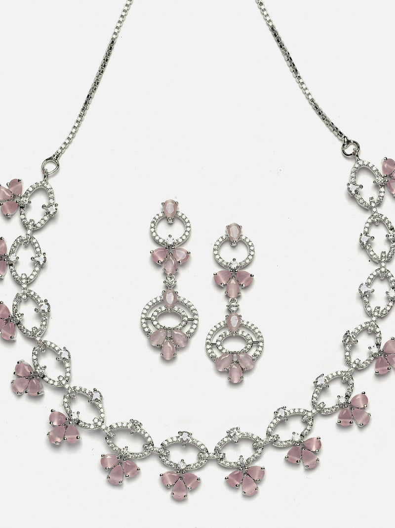 Rhodium-Plated Pink Oval American Diamond Studded Circular Shaped Necklace & Earrings Jewellery Set