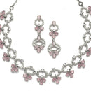 Rhodium-Plated Pink Oval American Diamond Studded Circular Shaped Necklace & Earrings Jewellery Set