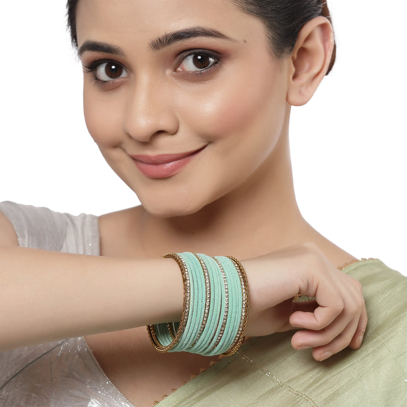 Gold-Plated Turquoise Blue Matte Finish Velvet White American Diamonds Studded Bangles Set Of 36