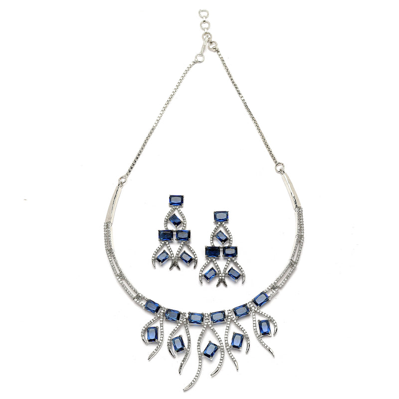 Rhodium-Plated Navy Blue American Diamond Studded Contemporary Necklace with Earrings