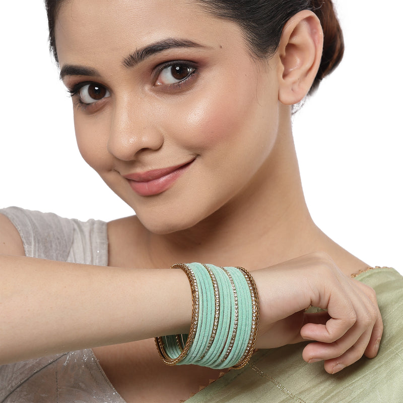 Gold-Plated Turquoise Blue Matte Finish Velvet White American Diamonds Studded Bangles Set Of 36