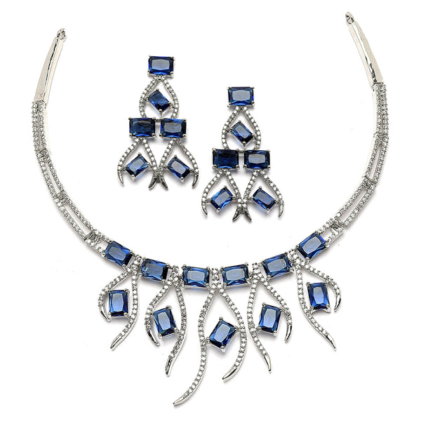 Rhodium-Plated Navy Blue American Diamond Studded Contemporary Necklace with Earrings