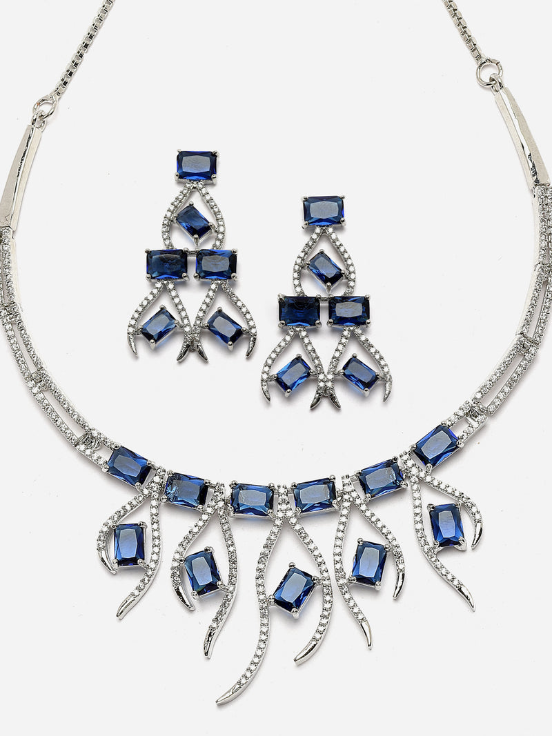 Rhodium-Plated Navy Blue American Diamond Studded Contemporary Necklace with Earrings