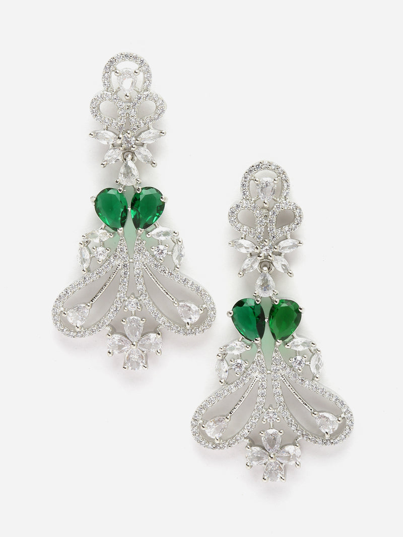 Rhodium-Plated Green & White American Diamond studded Paisley Shaped Drop Earrings