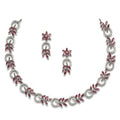Rhodium Plated Leafy Motif Sea Green American Diamond Ethnic Necklace Jewellery Set