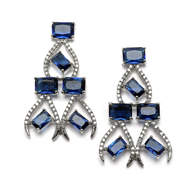 Rhodium-Plated Navy Blue American Diamond Studded Contemporary Necklace with Earrings