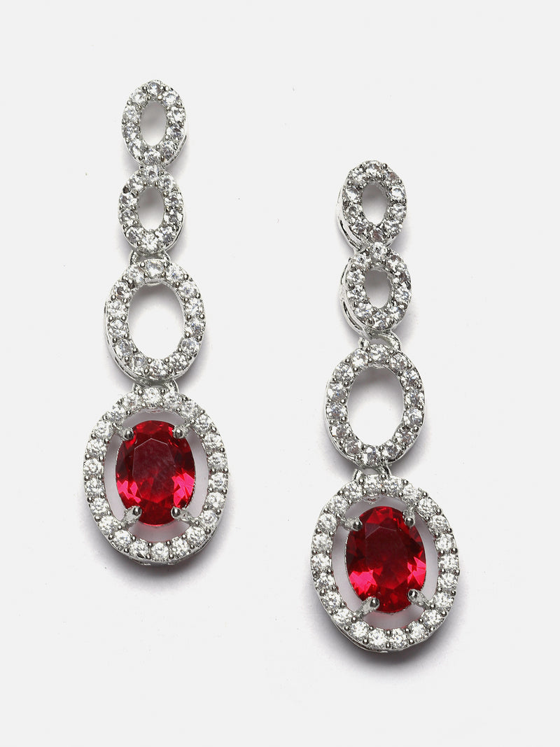 Rhodium-Plated Red American Diamonds Studded Ovate Shaped Necklace & Earrings Jewellery Set