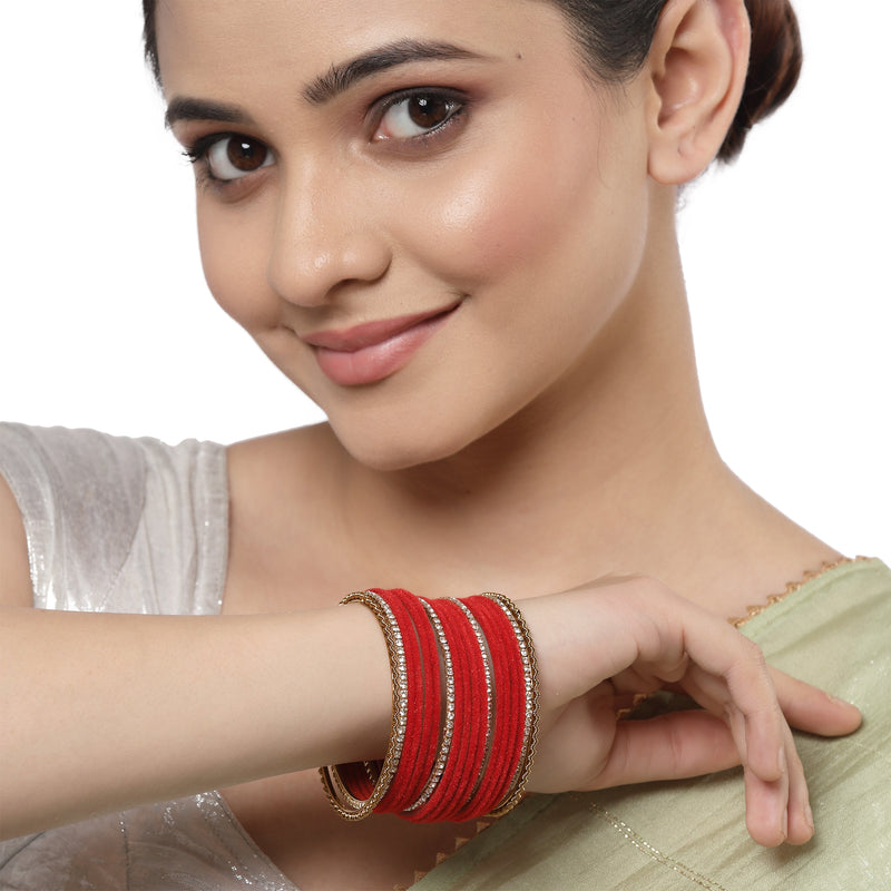 Gold-Plated Red Matte Finish Velvet White American Diamonds Studded Bangles Set Of 36