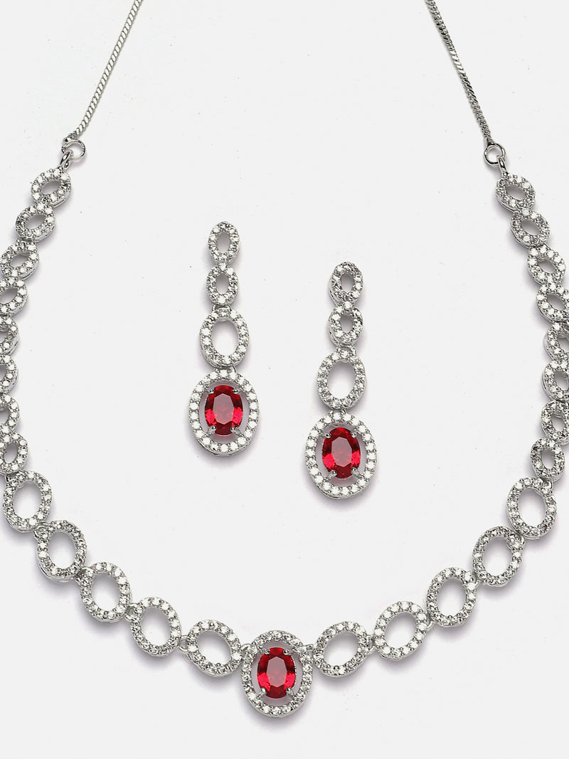 Rhodium-Plated Red American Diamonds Studded Ovate Shaped Necklace & Earrings Jewellery Set