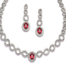 Rhodium-Plated Red American Diamonds Studded Ovate Shaped Necklace & Earrings Jewellery Set