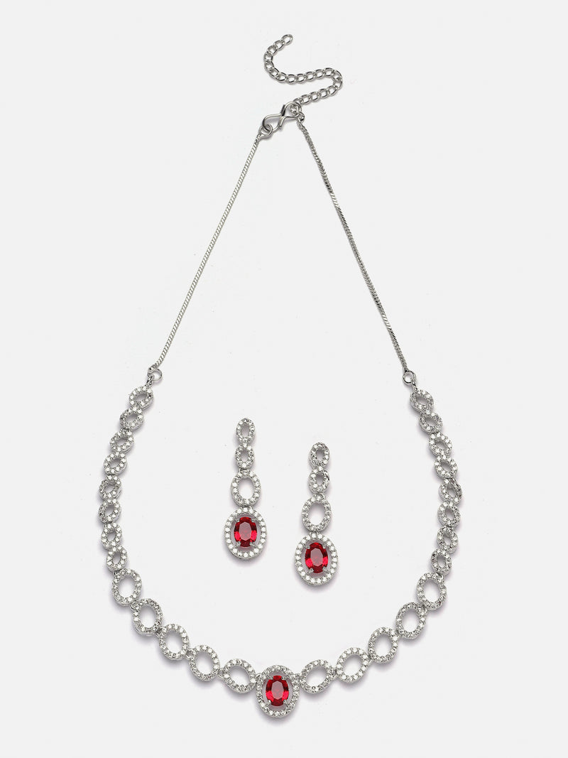 Rhodium-Plated Red American Diamonds Studded Ovate Shaped Necklace & Earrings Jewellery Set