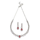Rhodium-Plated Red American Diamonds Studded Ovate Shaped Necklace & Earrings Jewellery Set