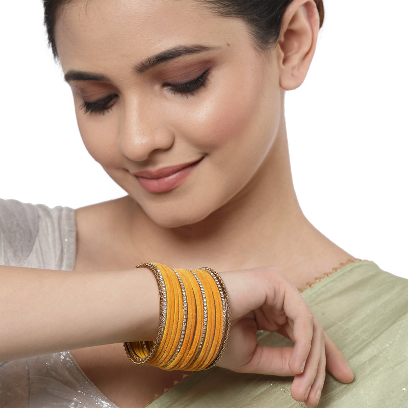 Gold-Plated Yellow Matte Finish Velvet White American Diamonds Studded Bangles Set Of 36
