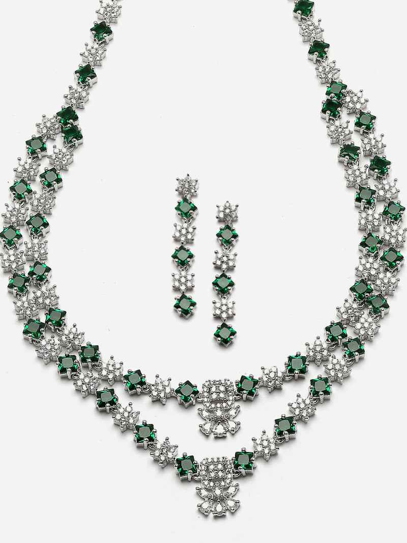 Rhodium-Plated Green American Diamond Studded Star Shaped Layered Necklace & Earrings Jewellery Set