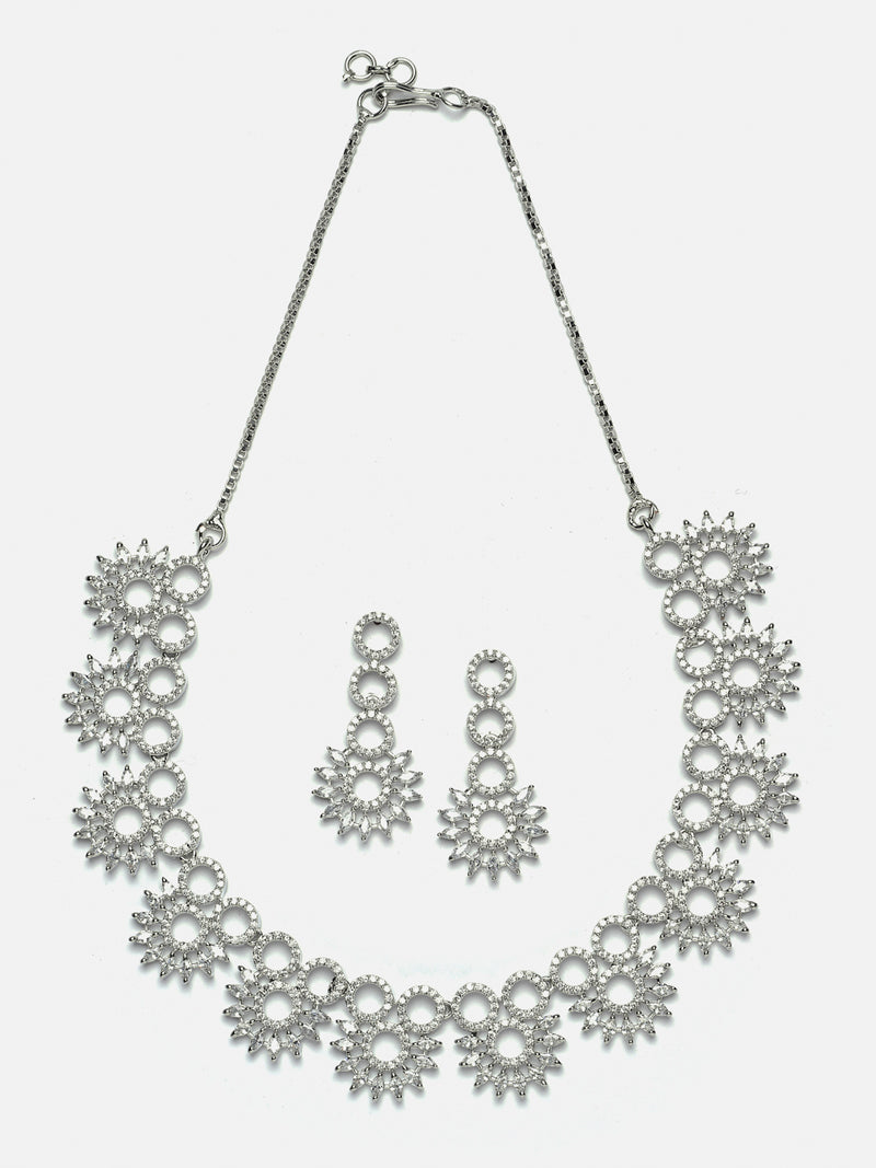 Rhodium-Plated White American Diamond Studded Classic Necklace with Earrings Jewellery Set