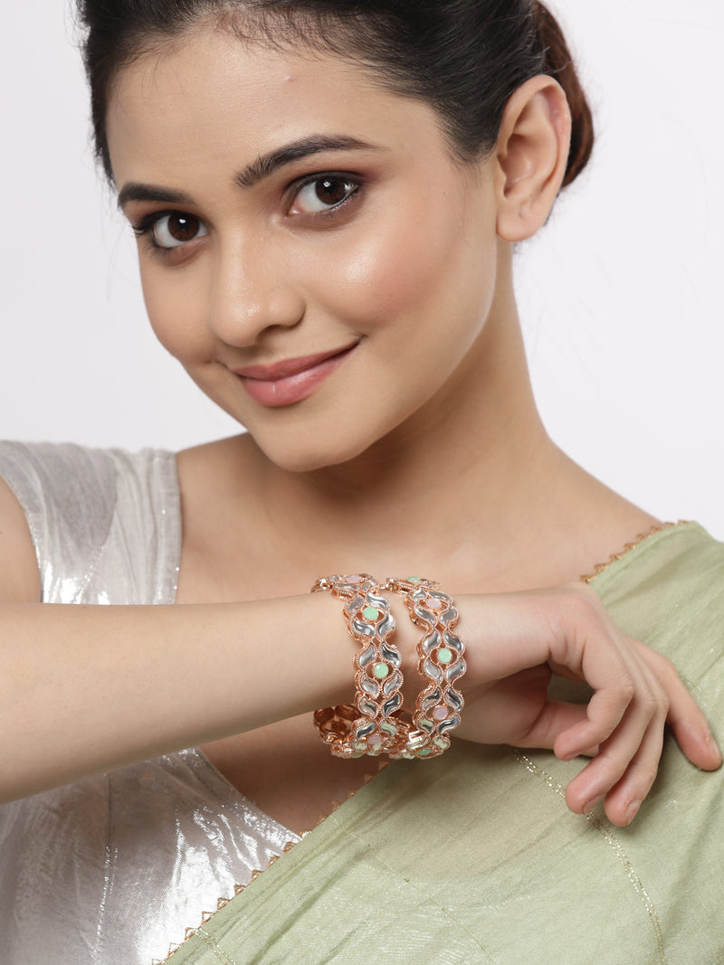 Rose Gold Plated Set Of 2  Traditional Kundan Studded Floral Design Bangle Set