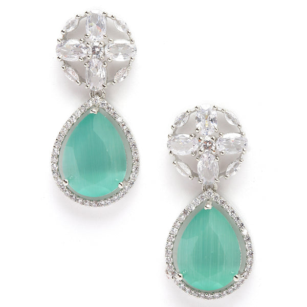 Rhodium-Plated Sea Green & White American Diamond studded Teardrop & Floral Shaped Drop Earrings
