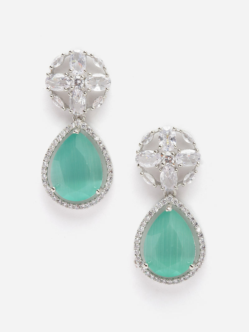 Rhodium-Plated Sea Green & White American Diamond studded Teardrop & Floral Shaped Drop Earrings