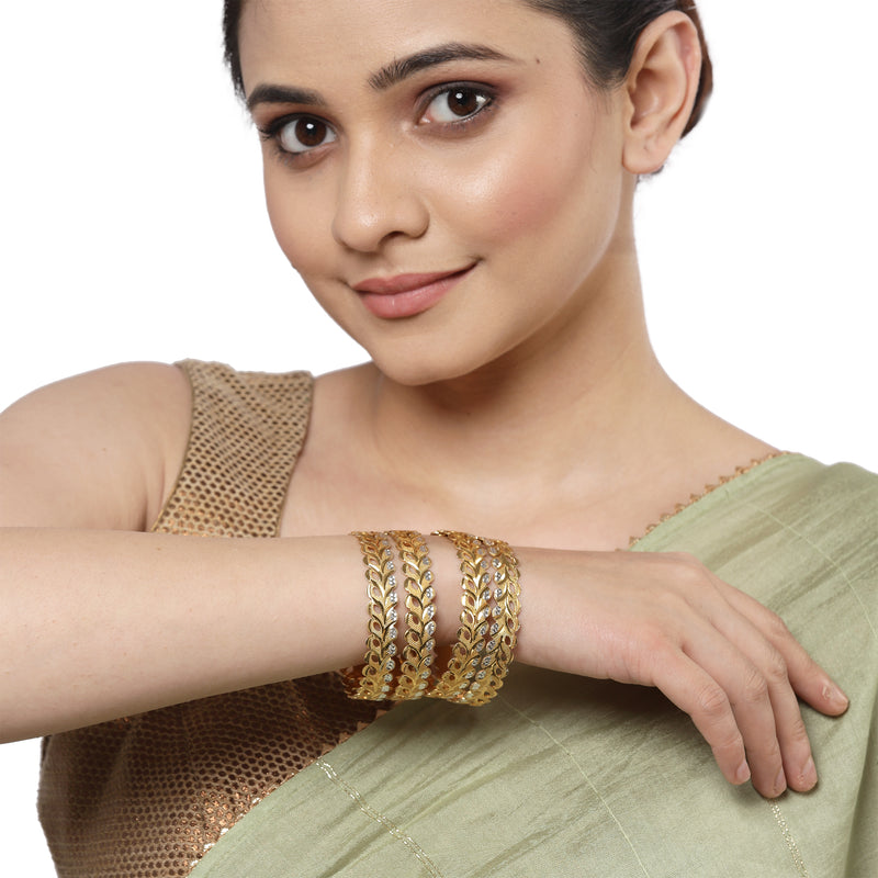 Gold-Plated Brass Dual Tone Leaf Textured White American Diamond Studded Bangles (Set Of 2)