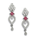 Rhodium-Plated Red American Diamond Studded Floral & Leaf Shaped Necklace with Earrings Jewellery Set