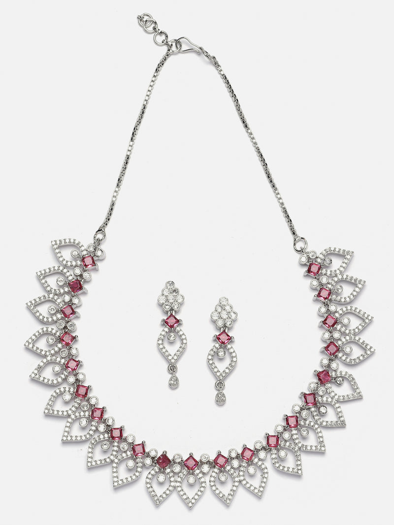 Rhodium-Plated Red American Diamond Studded Floral & Leaf Shaped Necklace with Earrings Jewellery Set