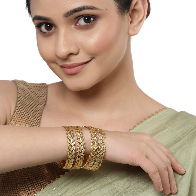 Gold-Plated Brass Dual Tone Leaf Textured White American Diamond Studded Bangles (Set Of 2)
