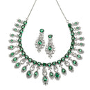 Rhodium-Plated Green American Diamond Studded Oval & Teardrop Shaped Necklace & Earrings Jewellery Set