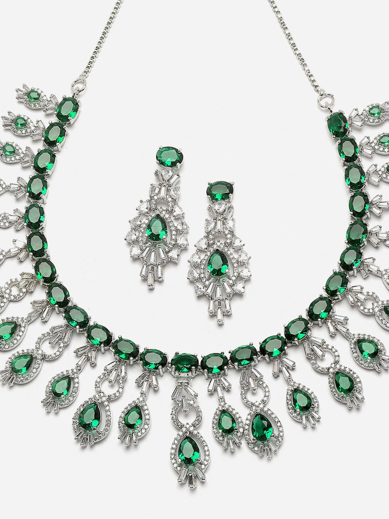 Rhodium-Plated Green American Diamond Studded Oval & Teardrop Shaped Necklace & Earrings Jewellery Set