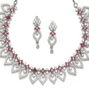 Rhodium-Plated Red American Diamond Studded Floral & Leaf Shaped Necklace with Earrings Jewellery Set