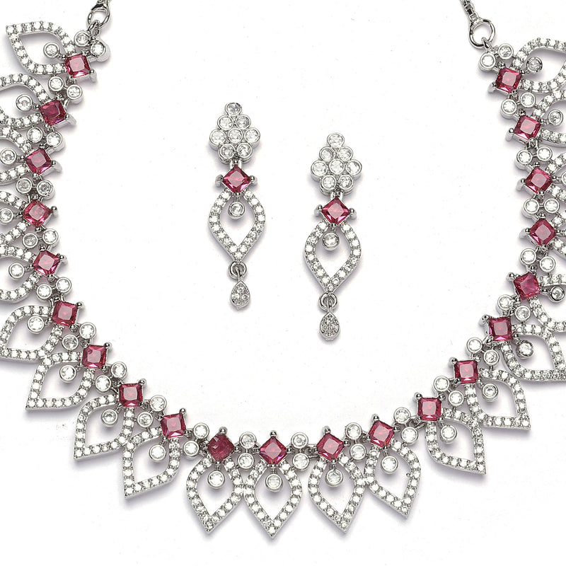 Rhodium-Plated Red American Diamond Studded Floral & Leaf Shaped Necklace with Earrings Jewellery Set