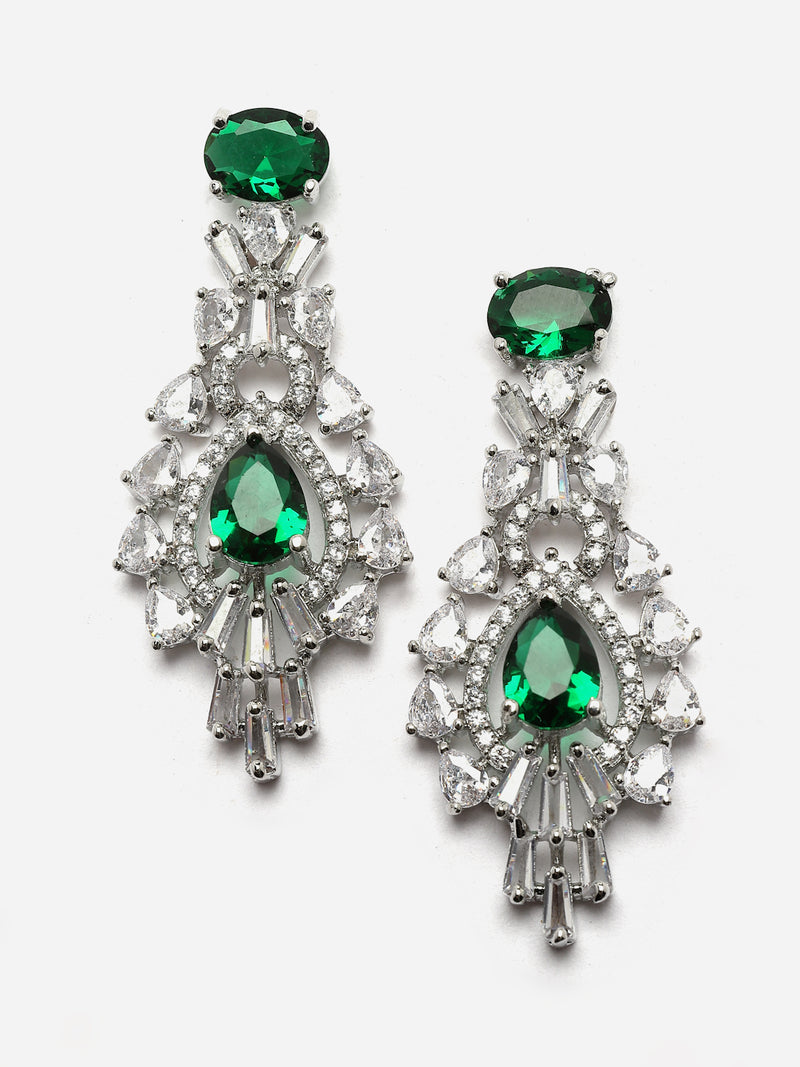 Rhodium-Plated Green American Diamond Studded Oval & Teardrop Shaped Necklace & Earrings Jewellery Set