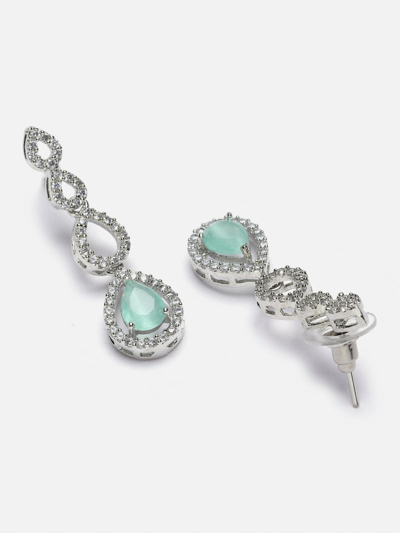 Rhodium-Plated Sea Green American Diamonds Studded Spheroid Necklace & Earrings Jewellery Set
