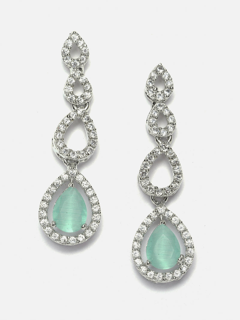 Rhodium-Plated Sea Green American Diamonds Studded Spheroid Necklace & Earrings Jewellery Set